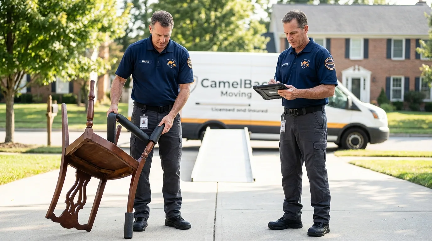 Movers inspecting furniture for damage prevention before loading in Jasper, AL