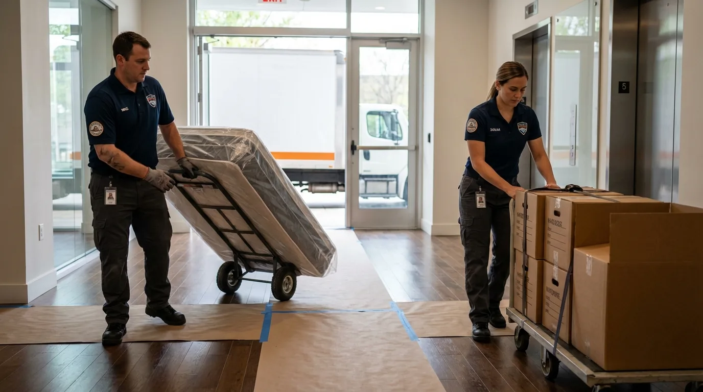 Professional apartment movers loading elevator in Jasper, AL